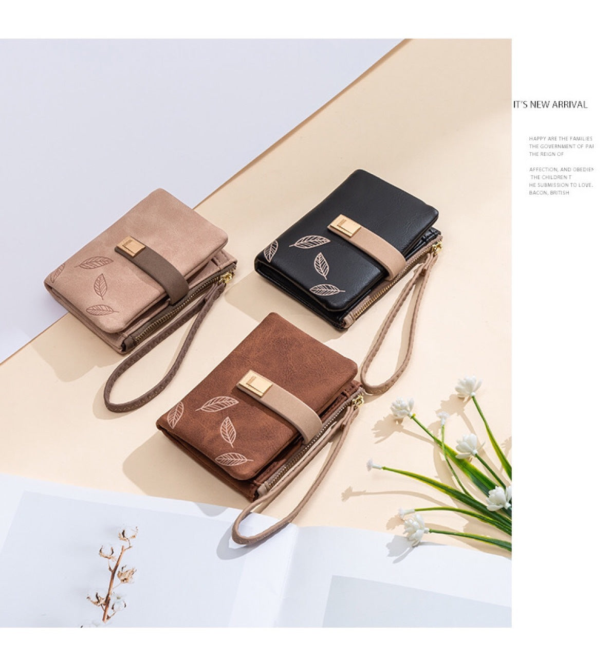women's leaves pu leather zipper wallets