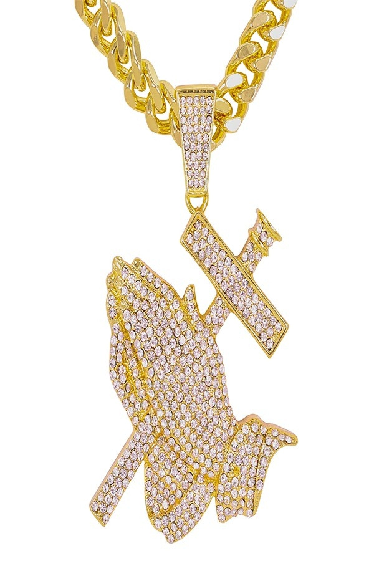 HIP HOP ICED OUT PRAYING HANDS PENDANT CUBAN CHAIN-1