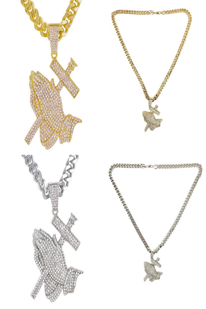 HIP HOP ICED OUT PRAYING HANDS PENDANT CUBAN CHAIN-0