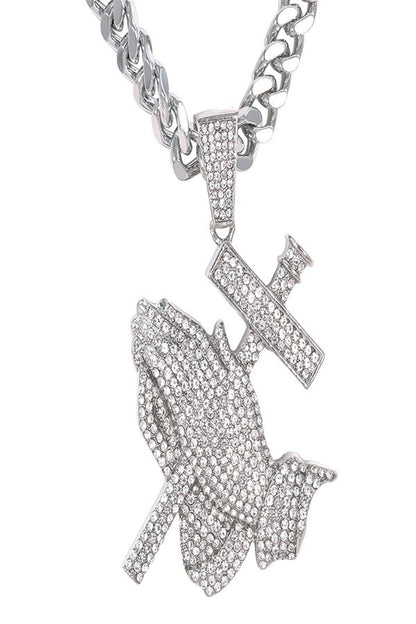 HIP HOP ICED OUT PRAYING HANDS PENDANT CUBAN CHAIN-4