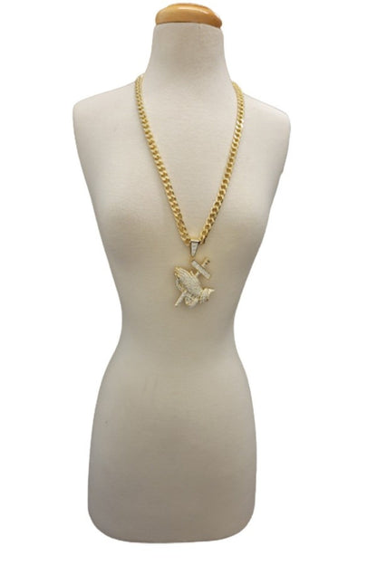 HIP HOP ICED OUT PRAYING HANDS PENDANT CUBAN CHAIN-3