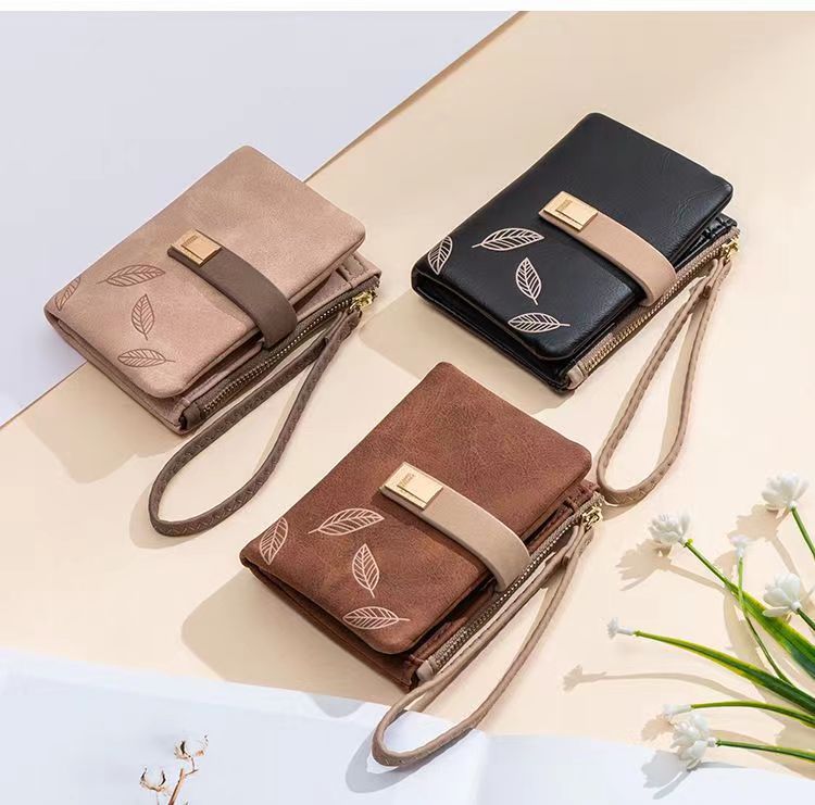 women's leaves pu leather zipper wallets