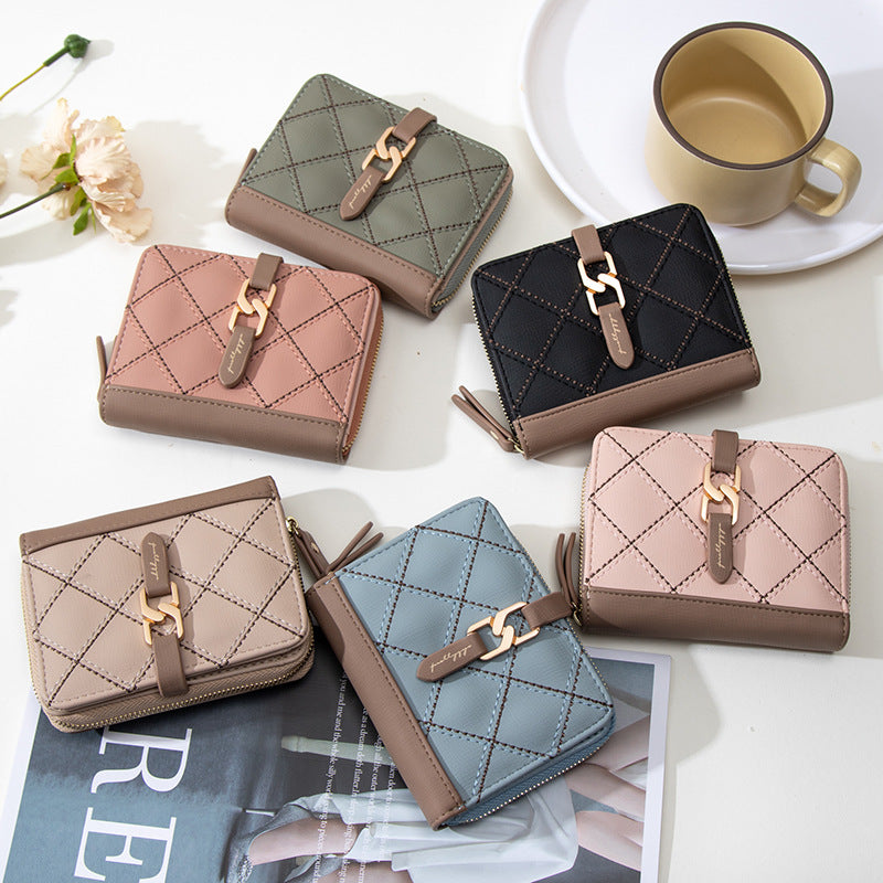 women's solid color lingge pu leather zipper wallets