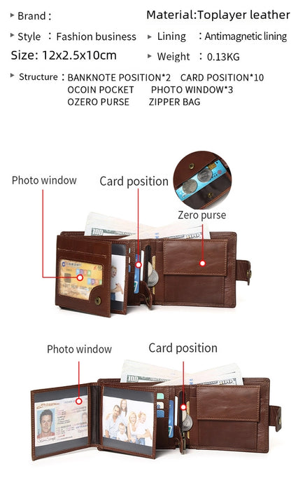 hot-selling leather short men's wallet large capacity cowhide card holder vintage RFID Multi-card coin purse