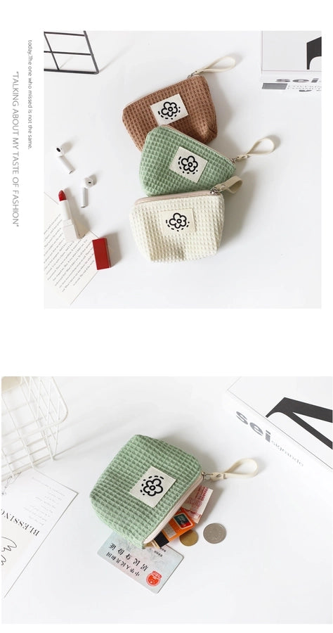 Hh Japanese Style Cute Simple Waffle Coin Purse Women's Small Portable Wristlet Bag Summer Flower  New