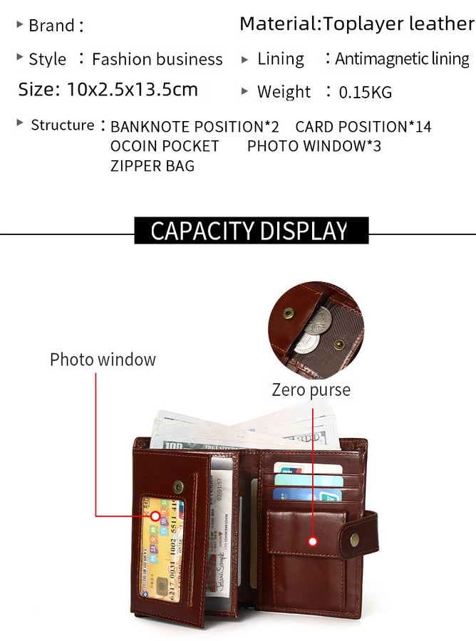hot-selling leather short men's wallet large capacity cowhide card holder vintage RFID Multi-card coin purse